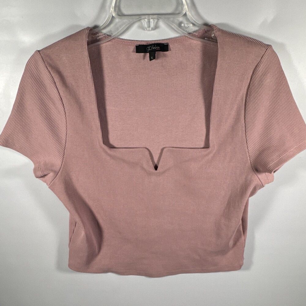 GB Fashion London Women's XL Pink Ribbed Knit Square Neck Short Sleeve Crop Top
